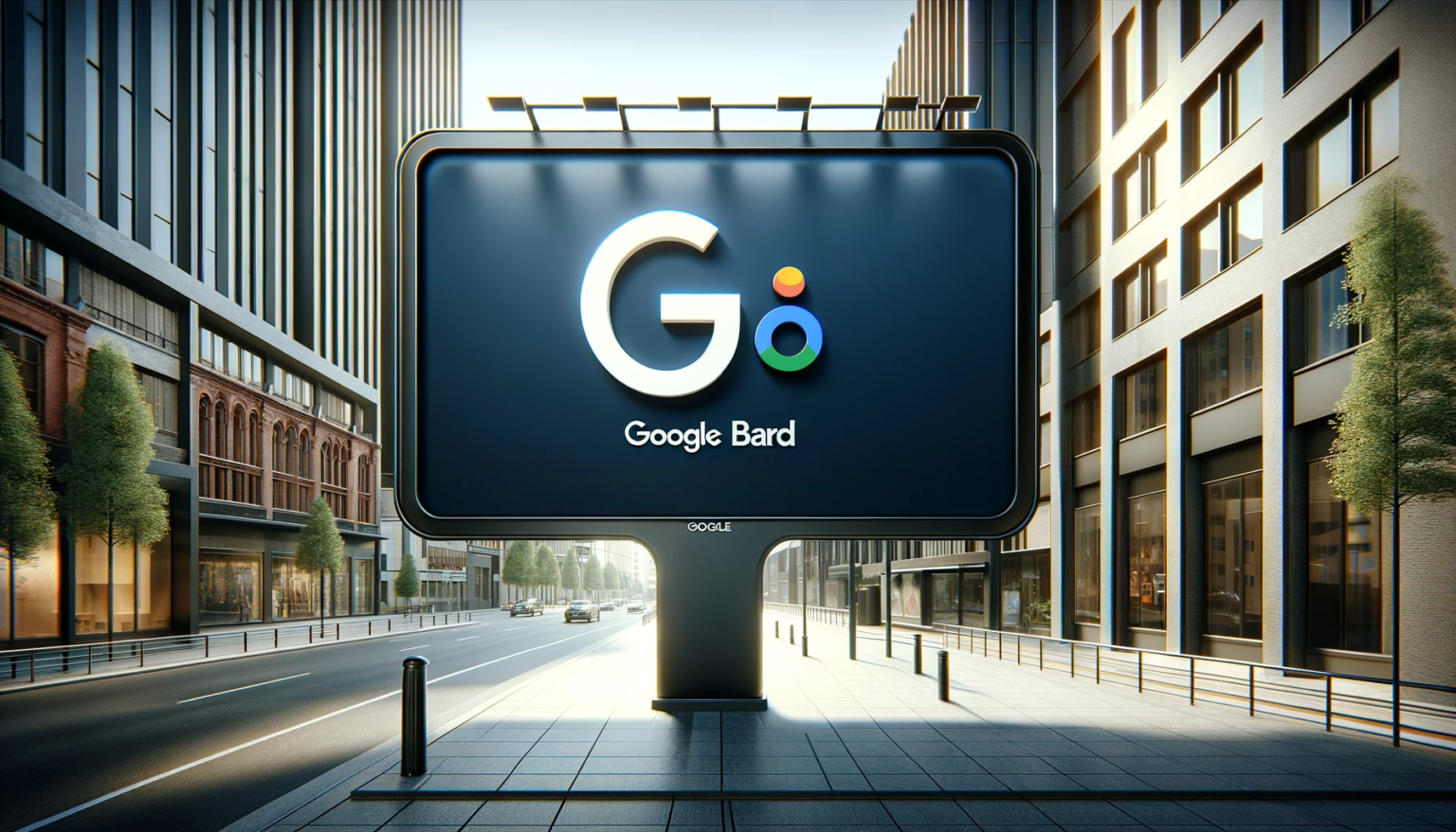 Das Google Bard-Logo, präsentiert auf einem urbanen Werbeplakat, demonstriert die Verschmelzung von KI und Alltag – ein beeindruckendes Bild, erschaffen mit Künstlicher Intelligenz